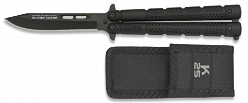 Navaja Abanico de Caza K25 Negro Hoja Titanium c Hoja 10 cm para Caza, Pesca, Camping, Outdoor, Supervivencia y Bushcraft K25 36250 + Portabotellas de regalo