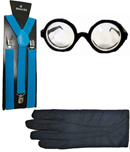 21Fashion Geek Nerd Kostüm, Hosenträger, Brillen, Handschuhe, Set für Junggesellinnenabschied, Cosplay-Zubehör, Einheitsgröße