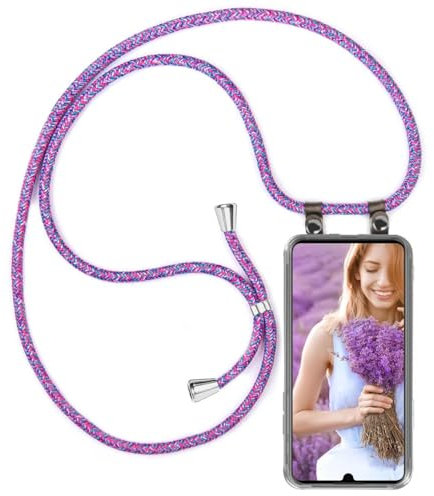 moex Handykette für Huawei P smart 2019 Hülle mit Band abnehmbar, Handyhülle mit Kette zum Umhängen, Handyband Kordel Umhängehülle, Necklace Handy Umhängeband, Lila Pink