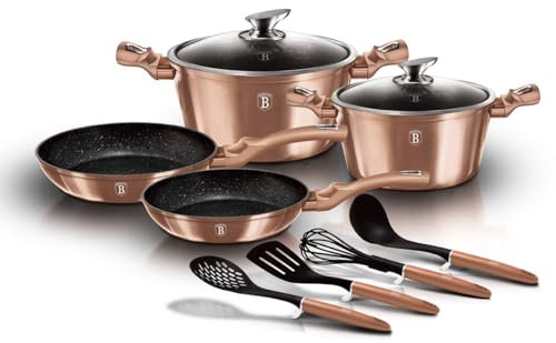 BerlingerHaus Haus Rose Gold Kochtopf Set Induktion 10-Teiliges, Antihaft PFOA-frei Marmor, Aluminium, Set 2 Töpfe, 2 Glasdeckel, 2 Bratpfannen, 4 Küchenutensilien, Design Metallic Line, Glaskeramik, Gas, BH-6142, Roségold