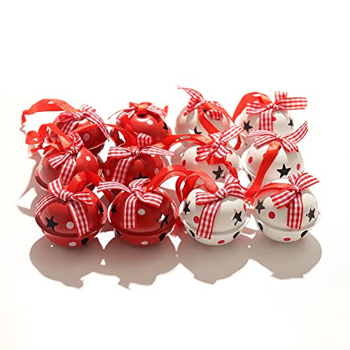 Zsail Weihnachten Jingle Bells 12 Pcs Handwerk Glocken Weihnachtsglocken mit Schneeflocke für Weihnachtsfeier Weihnachtsbaum Kranz Ornaments Urlaub DIY Dekorationen (Weihnachtsglocken-weiß&rot)