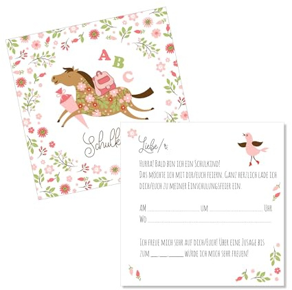 Einladungskarten Einschulung Pferd Pony 10er Set – Schulkind Einladung Schulanfang – Einladung Schuleinführung Kinder Karten 148x148 mm mit Lückentext Schulstart