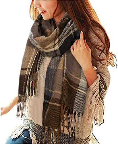 heekpek Damen Kariert Oversized Kaschmir Schal Lange Winterschal Weich Wraps Groß Karo Fransen Schal Warm Schal für Herbst Winter, Khaki und Beige
