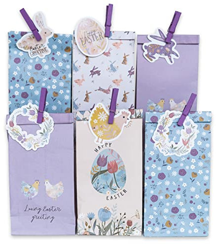 Papierdrachen 12 bedruckte Geschenktüten zu Ostern - Pastell - ideale Geschenkidee oder Dekoration - mit Holzklammern und 2 Bögen mit dekorativen Stanz-Anhängern | Osternest zum Basteln - Set 10