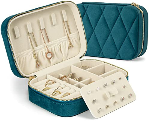 KAMIER Kleine Schmuckkästchen für Damen, Reise Schmuckbox Samt Schmuckschatulle für Ohrringe, Ringe, Halsketten, niedliche Schmucketui Reise für Frauen, Männer, Mädchen, Pfauenblau