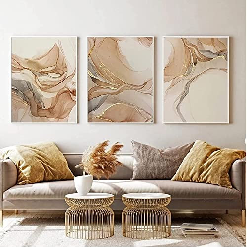 HEHGVCF Lot de 3 tableaux sur toile marbré beige doré - Tableaux muraux marbrés dorés - Décoration de salon - Poster sans cadre - Peinture murale (beige, 40 x 60 cm)