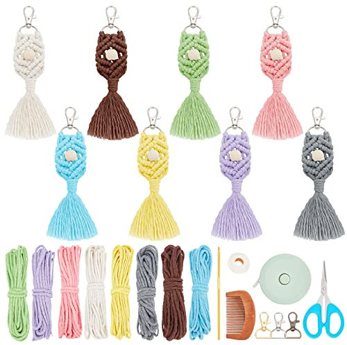 INFUNLY 8 Set DIY Makramee Schlüsselanhänger Kits Für Erwachsene Anfänger Makramee Schnur Knoten Kit Boho Makramee Quaste Schlüsselanhänger Mit Anleitung Für Autoschlüssel Geldbörse Ph Wallet Charm