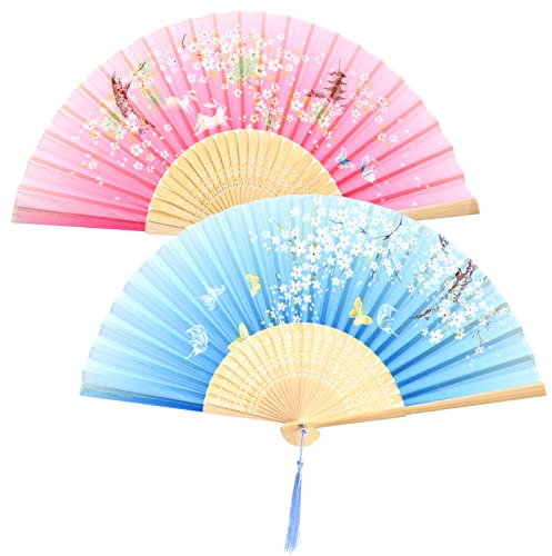 Handfächer Falten 2Pcs Chinesisch Seide Stoff Handfächer mit Quaste für Frauen Männer Klassische Bambus Handfächer für Hochzeit Party Geschenke Tanz Chinesisch Dekorationen (Rosa und Blau)