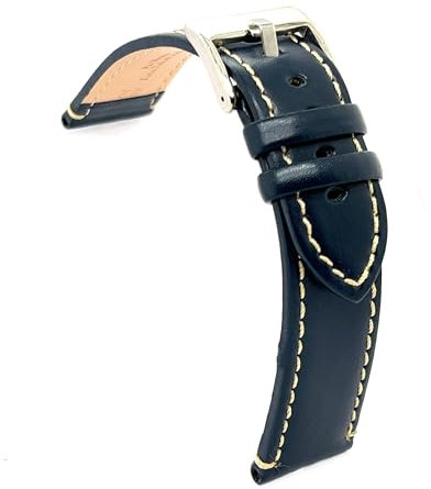 diloy Correa de cuero vacuno liso deportiva plana con costura blanca – Para reloj – Tallas 14mm 16mm 18mm 20mm 22mm 24mm – Resistente y elegante 373 Azul 18mm