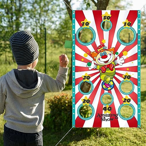 APOMOONS Zirkus Clown Wurfspiel Banner Zirkus-Banner Karneval Deko Wurfspiel Spielzeug mit 4 Stück Bean Bags Wurf Spiele Indoor Outdoor für Kinder Zirkus Karneval Geburtstag Party