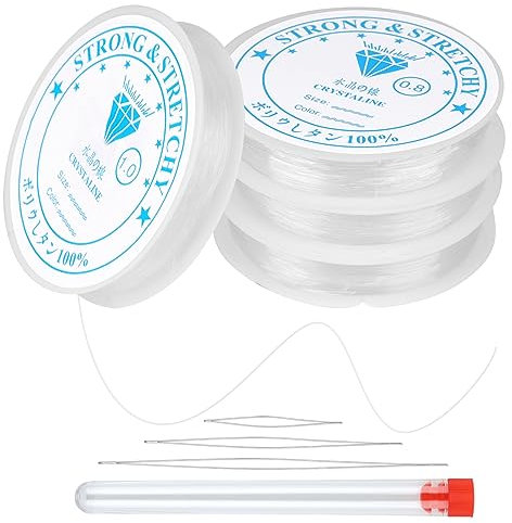 Svalor 4X Spule 0.4mm/0.5mm/0.8mm/1.0mm Elastisch Schmuckfaden Gummifaden, Transparent Faden Reißfest Angelschnur mit Perlennadel für Perlenschmuck Armbänder(43m, Größen)