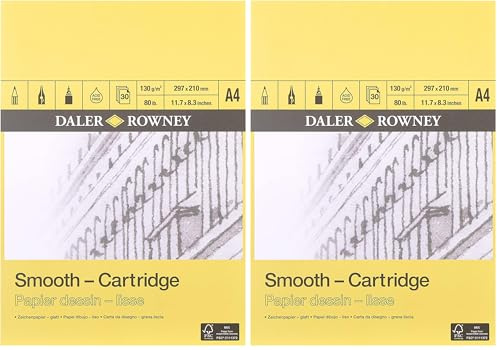 Daler Rowney Smooth 130 GSM A4 Cartridge Drawing Paper Pad, Glued 1 Side, 30 Natural White Sheets, Ideal for Professional Artists & Students (Pack of 2)