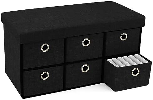 Hibtn Large Folding Storage Ottoman Boxes,Storage Bench Seat Footstool,76 * 38 * 38cm 6 Drawers,Foldable Toy Storage Box Seat,Bench Pouffe Foot Stool, (Black)
