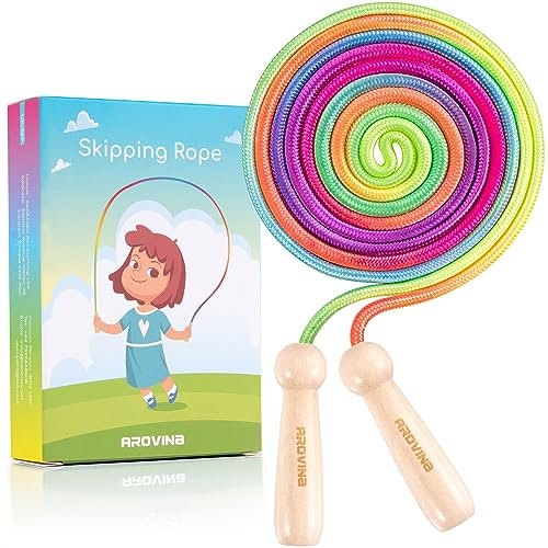 Arovina Springseil Kinder, 2.5M Springseil für Kinder Verstellbarer Holzgriff 7 Farben Regenbogen Springseil für Jungen&Mädchen Outdoor Übungen, Ideal für Geburtstag Kindertag