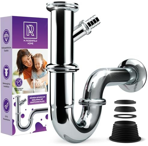 Universal Siphon für Waschbecken und Waschtisch mit Geräteanschluss - Einfache Montage + Höhenverstellbar + Abflussrohr Genormten 1 1/4 + Wandrosette + Gummimanschette Röhrensiphon Geruchsverschluss