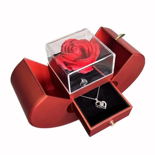 Ketilrub Regalo per lei, Rosa Eterna con Collana e Anello Ti Amo in 100 Lingue Regalo per Compleanno, San Valentino,Regalo per lei, Festa della Mamma, Natale