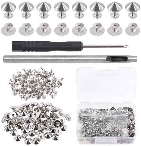Rustark 100 Sets Silver Cone Spikes and Studs with Setting Tools Kit 10mm x 4.7mm Metal Bullet Spikes Screw Back Punk Studs and Spikes Bullet Cone Rivets for DIY Leather Craft Clothing Shoes Bag