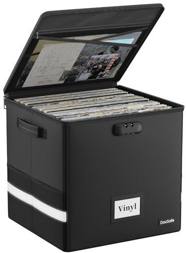 DocSafe Feuerfest Schallplatten Aufbewahrungsbox Vinyl Schallplattenkoffer mit Schloss Plattenkoffer zur 100+ Schallplatten,Zusammenklappbare Aufbewahrungskiste für die Aufbewahrung Wertvoller Alben