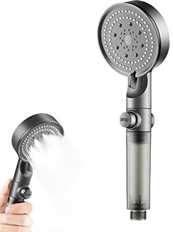 Wassersparender Duschkopf,Handbrause Filter Mineralsteinen und 5 Strahlarten, Druckerhöhende Duschbrause,ABS Hochdruck Wassersparend mit Antikalk Funktion (Grau)