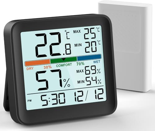 VOCOO Termometro per Interni ed Esterni Igrometro Monitor di Umidità Misuratore di Temperatura Digitale Stazioni Meteo con Retroilluminazione LCD Orologio Data Valore Min/Max Indicatore di Comfort