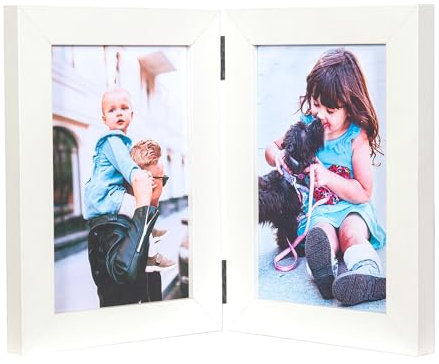 White Double Photo Picture Frame 6 x 4, Holds 2 Standard Photographs, Freestanding, Twin Hinged 6x4 10 x 15 cm Picture Frames,Glass Front Stand Vertical on Desktop