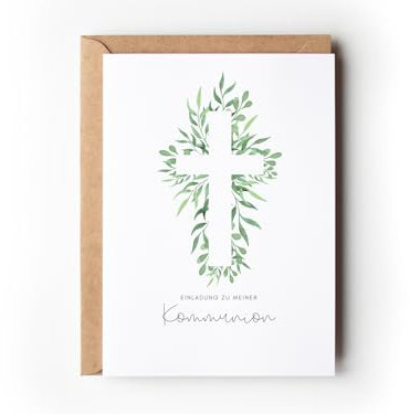 10 Einladungskarten Kommunion Eukalyptus mit Umschlägen, Boho Einladungen Erstkommunion floral zum Ausfüllen, Einladung modern Heilige Kommunion Jungen Mädchen (Einladung Kommunion Eukalyptus)