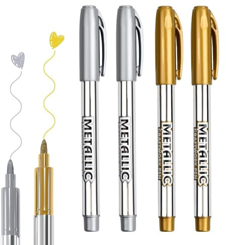 4Pcs Pennarelli Oro e Argento,Pennarello per Pittura Acrilica con Effetto Lucido per Illustrazione, Album Fotografici e Decorazioni,Ceramica Vetro Artigianato Carta Metallo Legno(1,5mm 2oro,2argento)