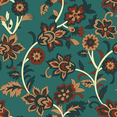 VaryPaper Self Adhesive Vintage Floral Wallpaper 44.5cmx200cm Teal Contact Paper Sticky Back Plastic Paisley Flower Patterned Wallpaper for Bedroom Living Room Cupboard Vinyl Wrap for Furniture