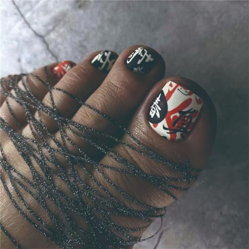 Summer Toe Fake Nail with Words Black White Red Press on Nails Tips Nail Art Decoration for Women and Girls Pedicure 24pcs
