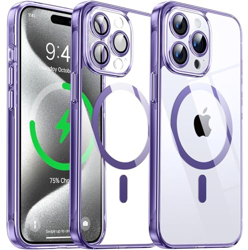Flyzoo Funda Magnética Transparente para iPhone 15 Pro MAX [con Protector de Lente de Cámara] [Anti-Amarillo] A Prueba de Golpes, Resistente Arañazos, Silicona Bumper PC Back, 6,7, Púrpura