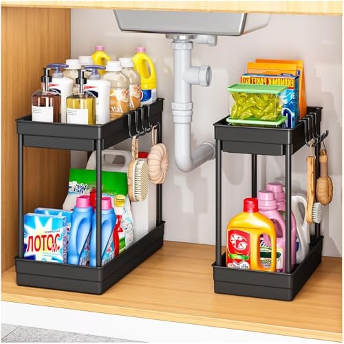 PurKeep Küchen Organizer Küchenschrank Organizer - 2 Stück 2 Etagen Küchenaufbewahrung unter der Spüle, Unterschrank-Organizer mit Haken, für Badezimmer, Küche, Arbeitsplatte, Schwarz