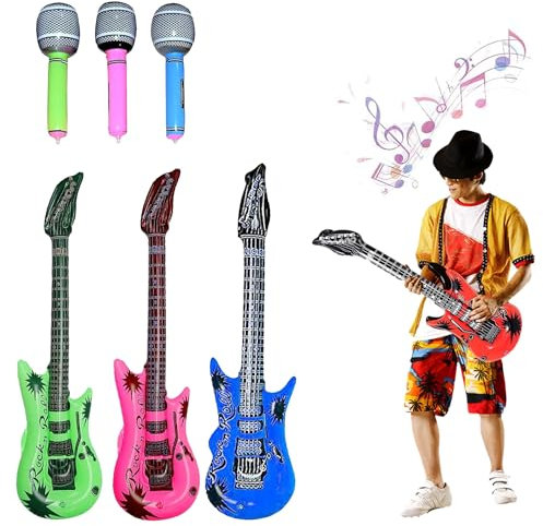 Rock and Roll Party Pack – 6 Pcs Inflatable Guitar and Microphone Set for Music Theme Parties, Concerts & Festivals