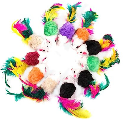 budiniao Lot de 10 Mini Souris pour Animaux de Compagnie Plumes colorées en Peluche Douce pourchassant de Fausses Souris Jouets interactifs Amusants Couleur aléatoire