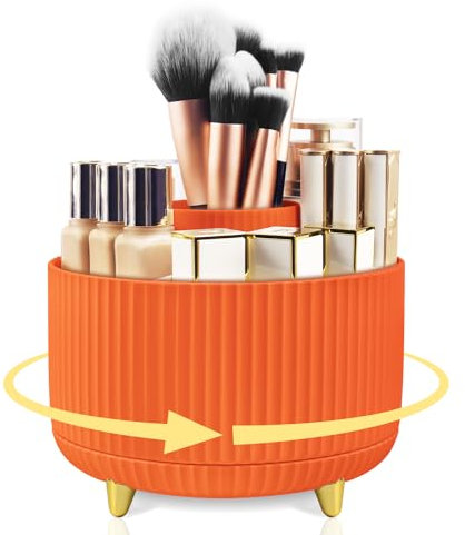 HOOMOOZ Kosmetik Make Up Organizer, 360° Drehbarer Schmink Organizer, Kosmetikregal Kosmetikbox Pinsel Lippenstift Etui Organizer für Dekor Frisiertisch, Bad und Schlafzimmer, Orange