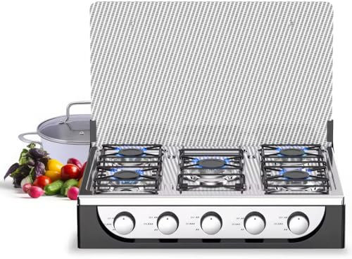 HYQNG Camping Stove Gas Portable, 5 Burner Camping Gas Stove with Lid, Stainless Steel Table Top Gas Cooker, Adjustable Temperature Control, Automatic Ignition,Only for LPG