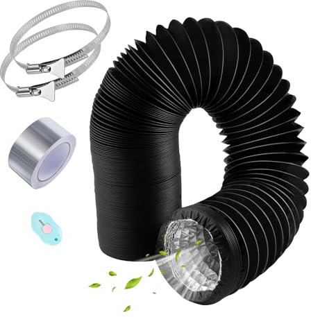 URHRHU 125mm Air Ducting Long Tumble Dryer Vent Hose 4.5m Aluminium PVC Ventilation Air Ducting Flexible Ducting Pipe Black with 5m Aluminium Tape and 2 Steel Clamps for Cooker Hood Extractor Fan