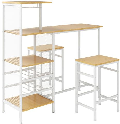 YORKING Breakfast Bar Table and Stools Set, 3 PCS Bar Table Set with Glass Holders, Wine Racks, Storage Shelves & Adjustable Foot Pads, Dining Table and 2 Bar Stools for Kitchen, Living Room, Oak