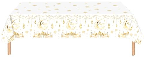 Eid Mubarak Tischdecke, 2 Stück Eid Ramadan Tischdecke mit Stern Mond Muster, 137 x 274 cm Große Rechteckige Eid Ramadan Tischdecke für Muslimische Ramadan Eid Party Dekoration (Weiß)