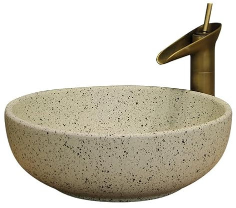 Simcat Waschbecken Rund 40 x 40 x 15 cm, Keramik Rundes Aufsatzwaschbecken rustikal, Keramikwaschbecken mit gesprenkelter Optik, Aufsatzbecken für das Badezimmer (Beige)