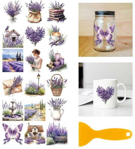 GLOBLELAND 18 Blatt Lavendel Abziehbild Zum Aufreiben 3.9x3.6 Zoll Bunt Schmetterling Frau Kaffee Vogel Buch Aufkleber Für Zuhause Blumen Tassen Abziehbilder Für Möbel Vasen Glas Kunsthandwerk