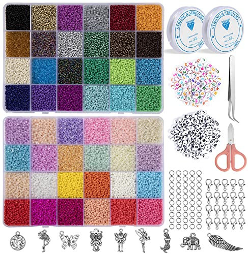 Jesustree 2 mm Perlen Set für Armbänder, 35000 Stück Runde Glasperlen mit Bunte Buchstabenperlen für DIY Schmuck Halskette Ohrringe Kette Handwerk für Kinder Erwachsene