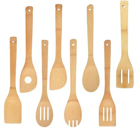 Pfannenwender Holz, 8 Stück Holzlöffel zum Kochen, Kochlöffel Holzkochlöffel Bambus Utensilien Holzlöffel für Antihaft Pfanne