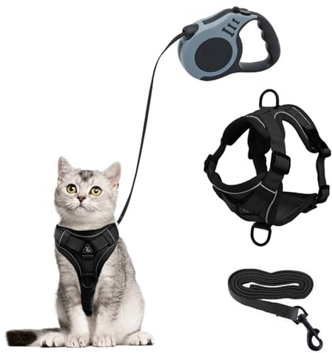 Katzengeschirr mit Leine Ausbruchsicher, Automatisch Einziehbare Katzenleine und Katzengeschirr Set, Katzenleine mit Geschirr für Katzen Kitten Hunde (schwarz, M)