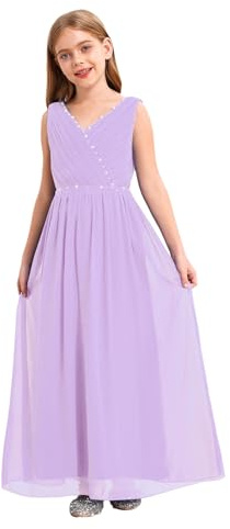 Eandarui Festliches Kleid Mädchen Lang Kinder Ärmellos Blumenmädchenkleid Perlen Glitzer Partykleid A Linien Ballkleid V-Ausschnitt