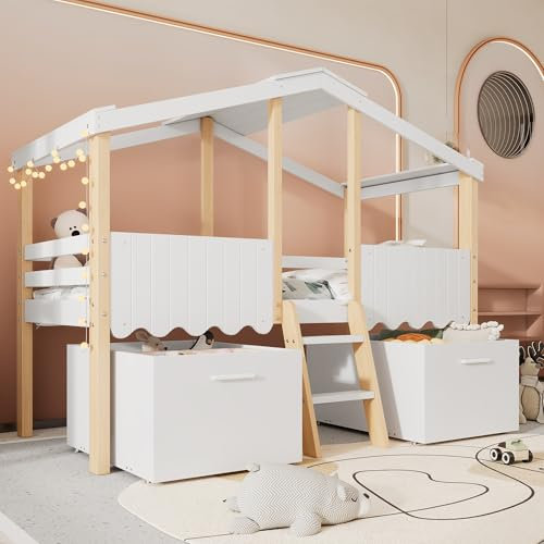 Merax Kids Single Bunk Bed with Storage, Kids Wooden Storage Bed with 2 Large Boxes with Wheels, Children's Treehouse Bed Frame with Ladder, Safety Guardrail, White+Natural, 90 x190 cm
