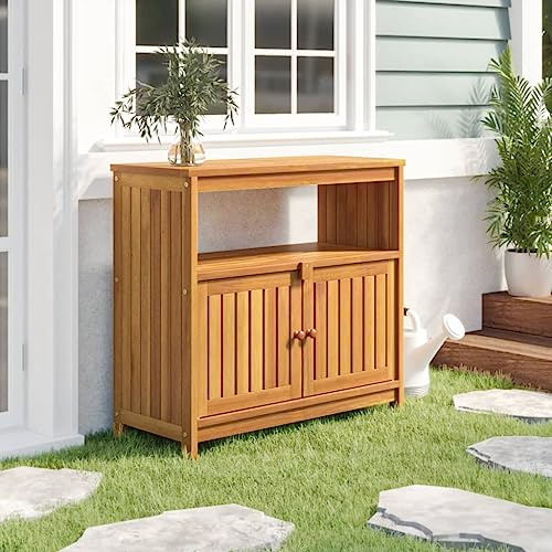 Emmtore Garten-Konsolentisch Gartentisch mit Holzrahmen, Beistelltisch Tisch mit 1 Ablage 1 Fach, Holztisch Balkontisch 80x35x75 cm Massivholz Akazie