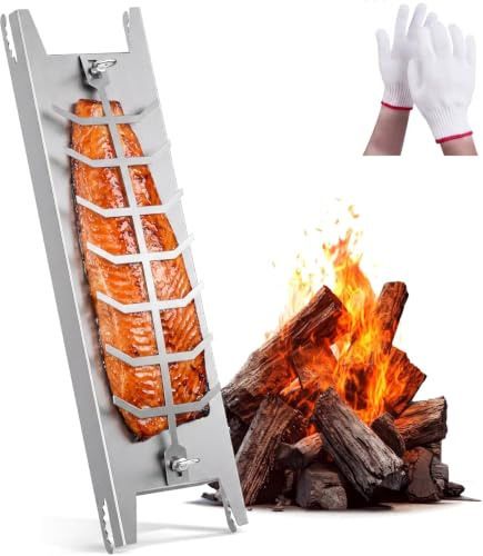 Flammlachsbrett Edelstahl [59,5cm], 5-Stufig Einstellbarer Neigungswinkel | 180° Drehbar Flammlachshalte, Spülmaschinenfest, für Feuerschale und Kugelgrill