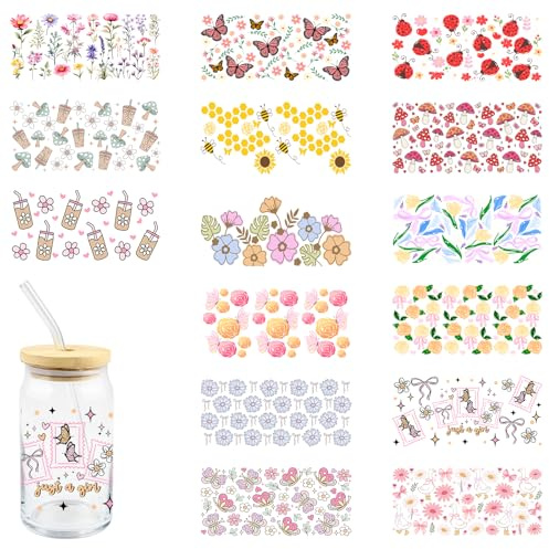 15pcs Mushroom Ladybug Sunflower Bee UV DTF Wrap for 16oz Coffee Buterfly Bow uvdtf Transfer Stickers for Glass Cup Rose Daisy Rub on Transfers for Crafting Cup Decal Stickers
