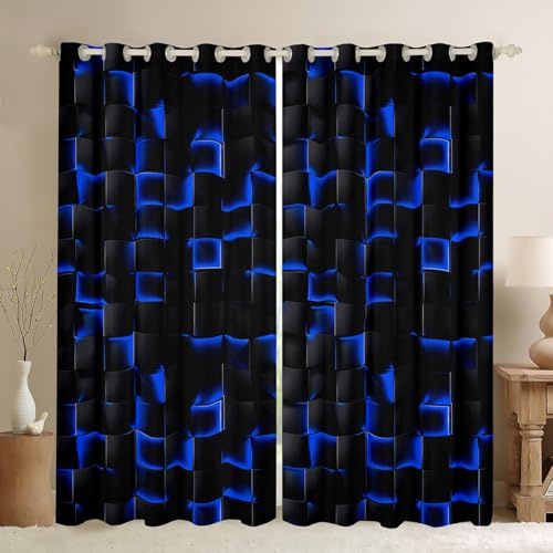 Erosebridal Neon Schwarz Blau Jungen Verdunkelungsvorhänge Geometrisch | Kinder-Fenstervorhänge, Teenager, Männer, Spielzimmer-Dekor, abstraktes Ombre-kariertes Gitter, Fensterbehandlungen, Vorhänge