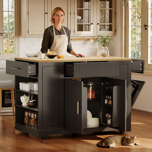 EURHCIO Desserte ilôt de Cuisine avec roulettes,Buffet Cuisine de Rangement avec étagères réglables,Chariot de Repas,Buffet Mobile,3 Tiroirs,120x50x92cm (Noir-D)